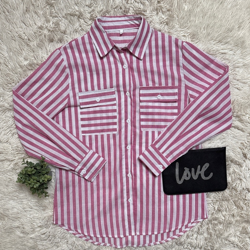 Boutique Striped Button-l Down Shirt 💗 Pink & White - Picture 2 of 16